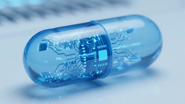 Smart Pill: Digital Medicine Technology - A close-up shot of a transparent capsule containing a glowing microchip circuit board.