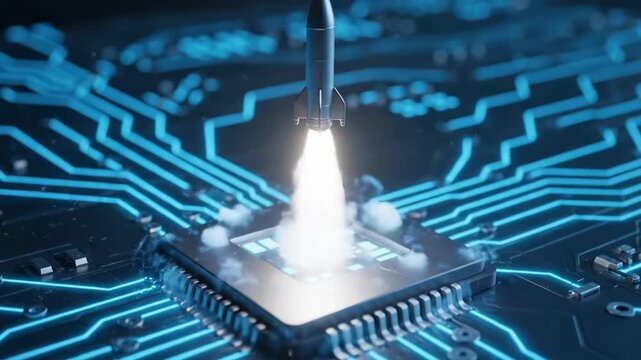 Digital Rocket Launch from Microchip - A futuristic depiction of a rocket launching from a microchip, surrounded by glowing blue circuit board pathways.