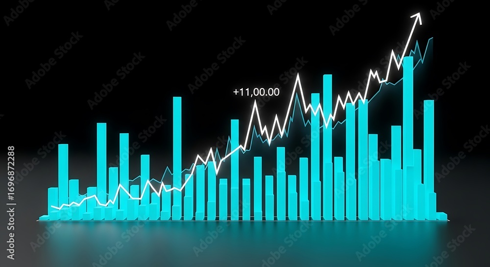 Poster cyan bar chart with fluctuating white line graph showing financial market performance