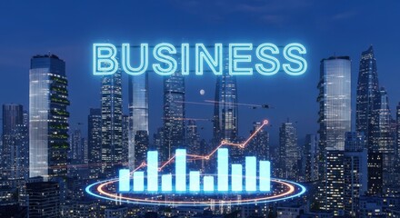 Glowing neon business sign above digital data visualization with cityscape