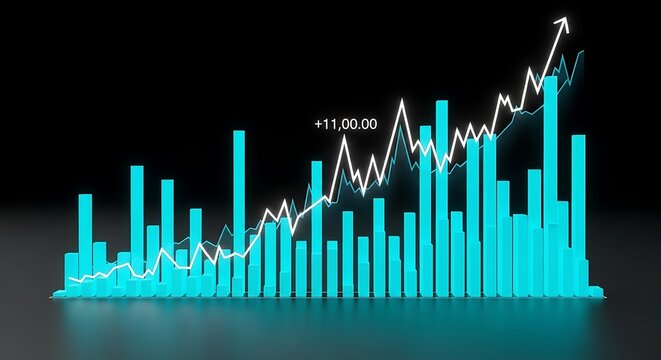Cyan bar chart with fluctuating white line graph showing financial market performance