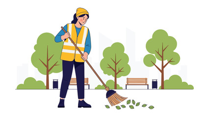 Maintaining the Green: A diligent worker, sweeps with a large broom. this depicts the beauty and cleanliness in nature 