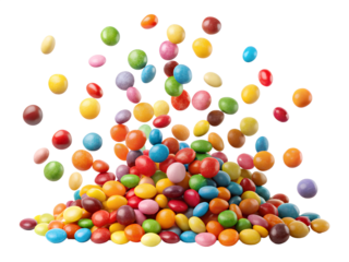 Pile of colorful candy pieces falling and scattering isolated on transparent background