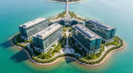 Aerial view of a luxurious modern architectural complex on an exclusive island surrounded by clear turquoise water.