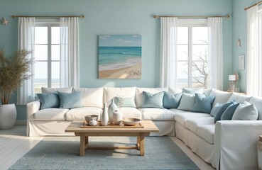 Coastal-themed living room design with white couches, blue pillows. Room features blue rug, seashell decor. Bright, airy space with natural light creates relaxing, comfortable home atmosphere.