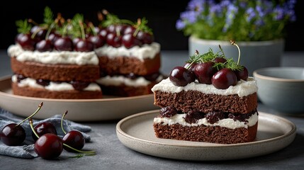 Indulge in a rich chocolate layer cake featuring whipped cream and cherries, beautifully showcased against a dark backdrop