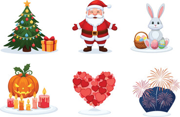 Holiday celebration icons, Christmas tree, Santa Claus, Easter bunny, Halloween pumpkin, Valentine heart, fireworks, festive symbols, seasonal illustration