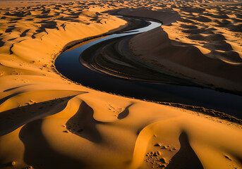 Golden Desert Sand Dunes with Curved River Aerial Landscape