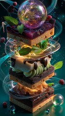 Fototapeta premium A layered dessert tower with floating orbs and abstract energy lines.