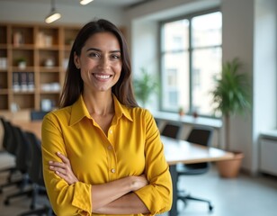 Obraz na płótnie Canvas Confident Latina businesswoman smiles, arms crossed in modern office. Yellow shirt signifies positive energy. Successful professional in corporate environment exudes leadership, confidence, ambition.