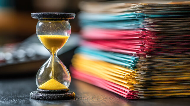 Hourglass sand timer deadline time management paperwork document office stack stress urgency finance account bill payment collection bureaucracy