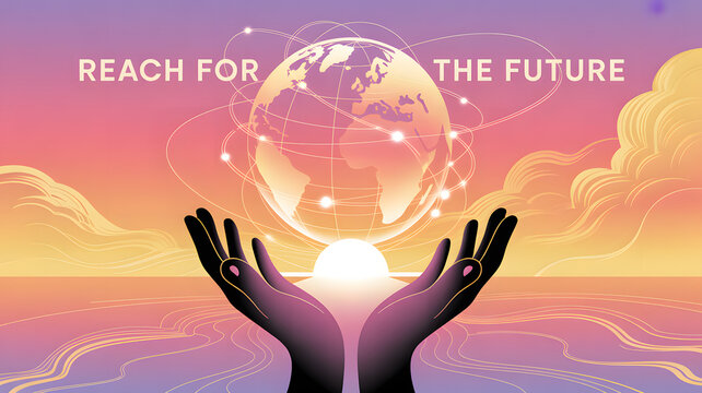 Embracing Tomorrow: Two hands gently cradle the globe, illuminated by the rising sun, representing a visionary outlook for the future, connectivity, and the pursuit of progress.