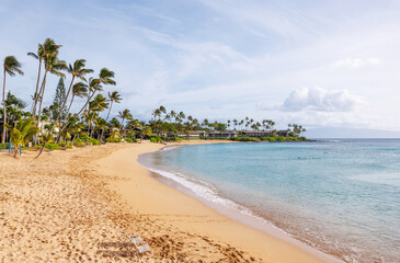 Sunny beach in Hawaii with golden sand, clear blue water under a bright sky