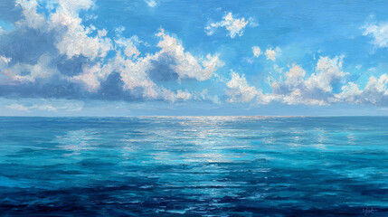 Obraz premium Tranquil ocean waves under a bright summer sky