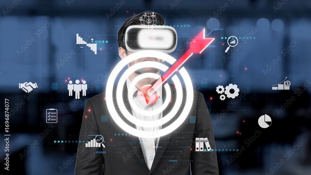 Poster a business professional explores virtual reality in a modern office, surrounded by data visualizatio