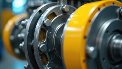 Obraz premium Industrial machinery component with bright yellow and steel details. closeup mechanical tool part connection in factory, workshop, production, precision process, hardware design.