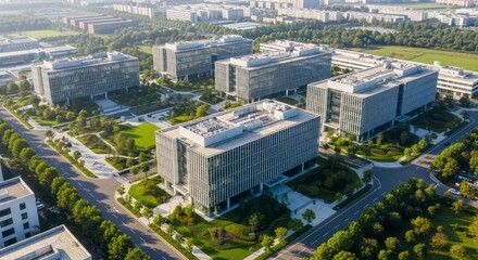 Obraz na płótnie Canvas Aerial view of a modern business park with contemporary office buildings and green landscapes.