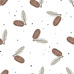 Seamless pattern with cartoon fir-cones, twigs, decoration elements. Forest, flat Scandinavian style. animal and nature theme. hand drawing. design for fabric, textile, wrapper, print