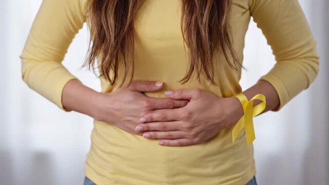 Endometriosis Awareness: Woman Holding Stomach - Close-up view of a woman wearing a yellow ribbon, holding her stomach, symbolizing awareness for endometriosis and its associated pain.