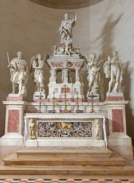 PADUA, ITALY - SEPTEMBER 8, 2014: The Chapel of St. Massimo in the chruch Basilica di santa Giustina by Michele Fabris (1681)  - statue of St. Bartholomew Bernardo Falcone (1682) 