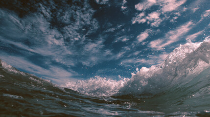 Obraz premium Dramatic ocean waves under a cloudy blue sky