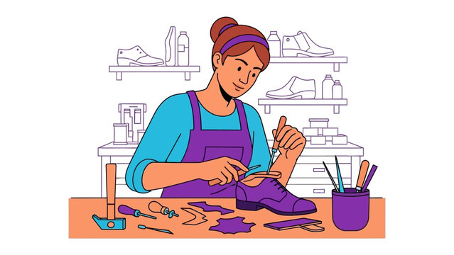 Crafting Elegance: A skilled artisan meticulously repairs a single shoe, showcasing the timeless craft of shoemaking in a brightly colored illustration.