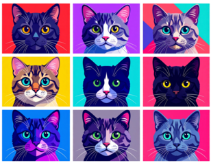 Square Abstract Faces of Cats with Emotional Expressions for Design Projects