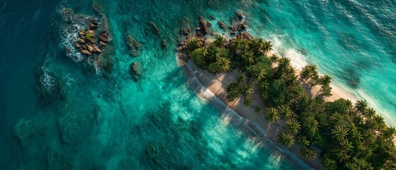 Obraz premium Aerial view of tropical island with lush vegetation and azure sea.