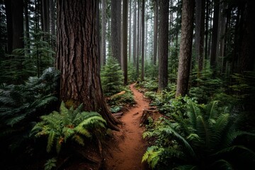 Obraz premium Explore a winding path through tall trees in a lush green forest during misty morning hours