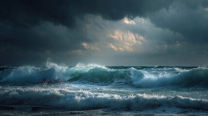 Dramatic ocean waves under a cloudy blue sky