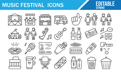 Editable stroke icon set of music festival and concert elements including instruments, drinks, stage, tents, performers, sound system, tickets, and food symbols isolated on white background