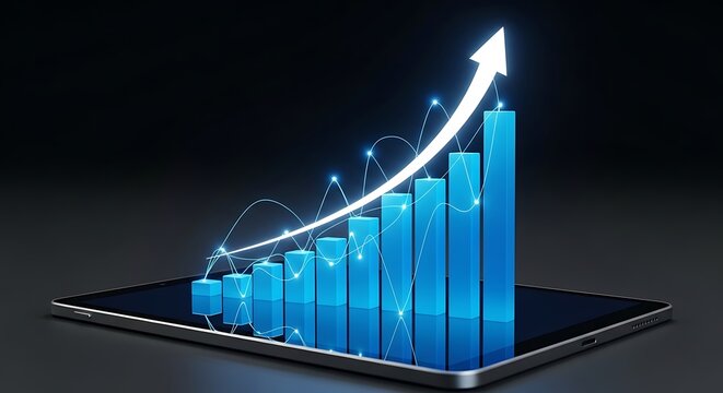 3d bar graph on a tablet showing upward trend and growth