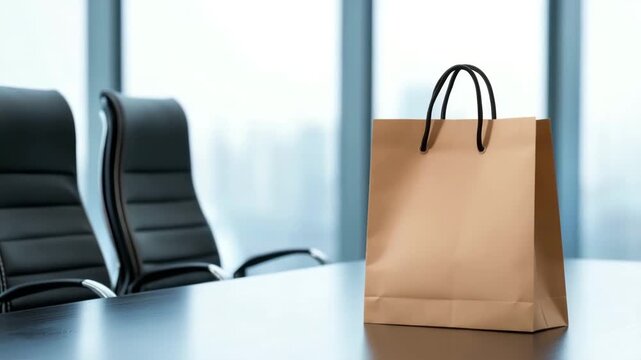 Brown paper shopping bag on conference table in modern office setting during daytime meeting