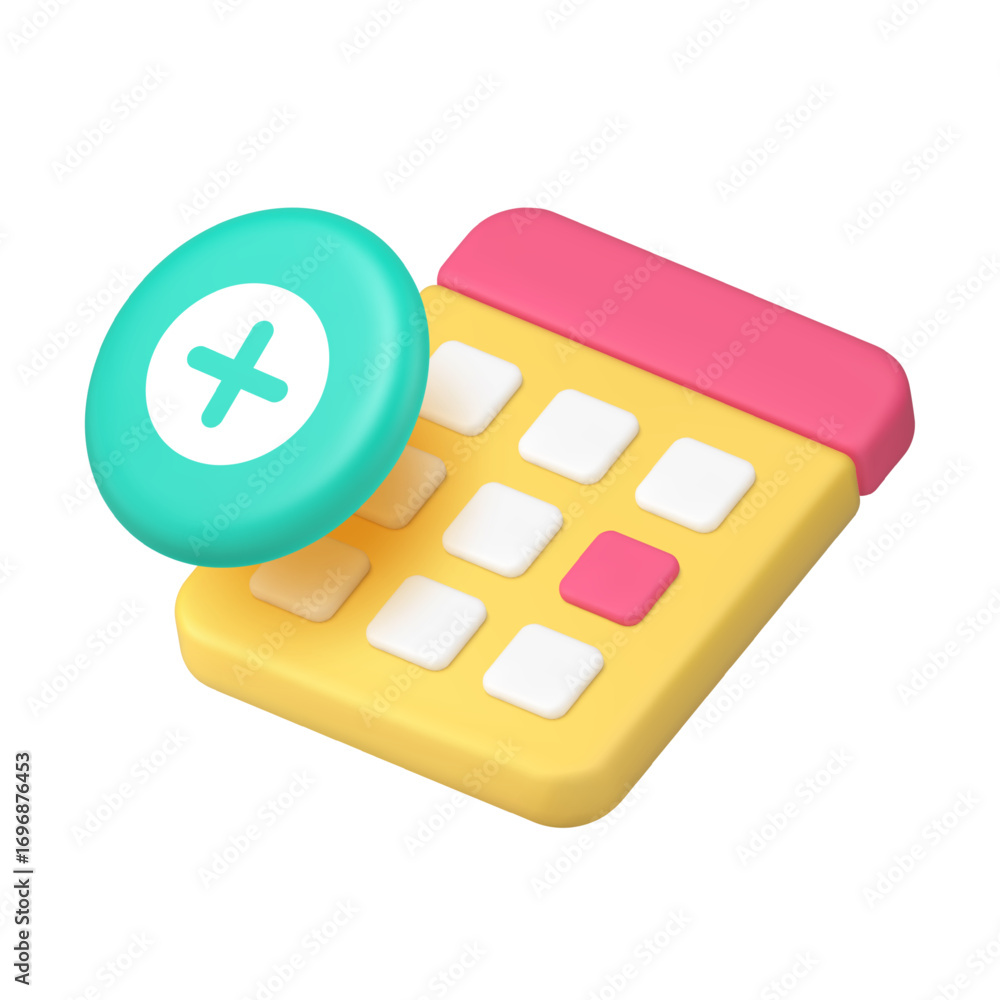 Poster calendar and add button icon for scheduling applications and event management interfaces. represents