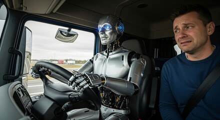 A silver robot driving a truck with a concerned caucasian man as a passenger. Future of autonomous vehicles and trucking.