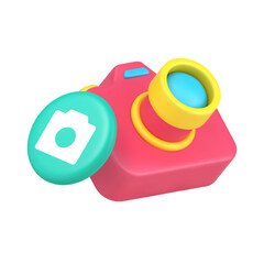 Camera and camera symbol icon for photography apps and image sharing platforms. Represents capture, photo, picture, memory, and creativity. Modern 3d icon realistic vector illustration.