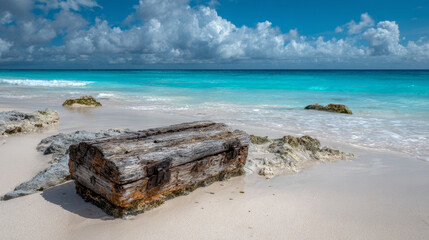 Small wooden fishing boat washed ashore on a sandy beach
