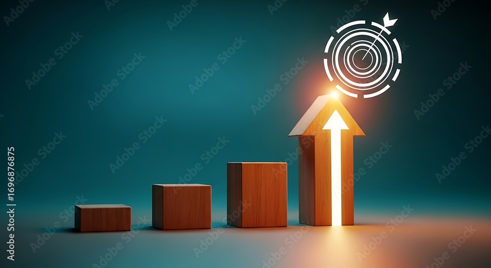 Poster wooden blocks forming a rising graph with an arrow pointing to a target
