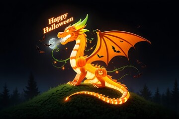 Spooky halloween dragon decoration glowing with happy halloween message amidst darkness