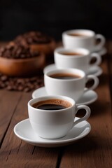 Row of freshly brewed black coffee cups on wooden table with coffee beans in background