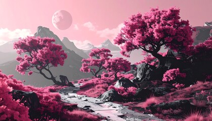 Pink landscape with trees and stream