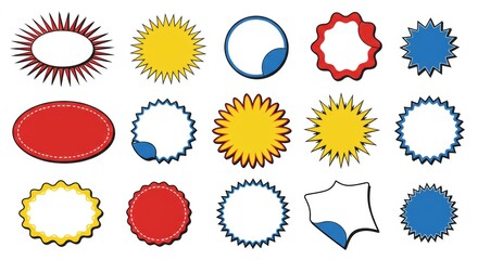 Starburst Sale Price Labels and Colorful Promo Stickers, Oval Sunburst and Rosette Tag Badges, Discount Promotion Seals and Callout Splash Vector Design