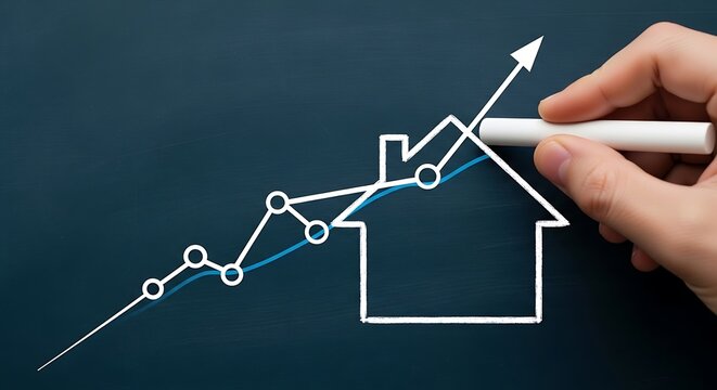 Hand drawing a house and upward trending graph on a chalkboard - Powered by Adobe