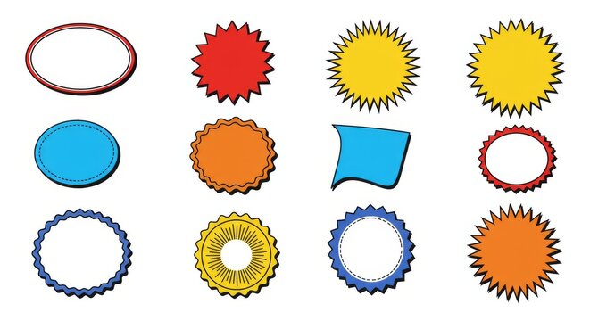 Starburst Sale Price Labels and Colorful Promo Stickers, Oval Sunburst and Rosette Tag Badges, Discount Promotion Seals and Callout Splash Vector Design