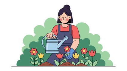 Nurturing Bloom: A cheerful figure diligently tends to vibrant blossoms in a sunny garden, embodying the serenity and joy of nurturing life.