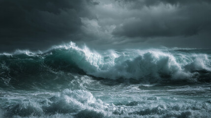 Fototapeta premium Stormy sea with dark clouds and massive waves crashing along the coast