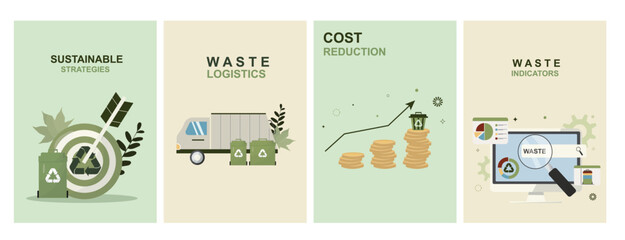 Waste Management Business Strategy poster set. Business waste management poster collection. Zero waste and recycling concept. Flat style. Vector illustration