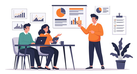 Business Presentation with Charts Graphs and Engaged Team Members in a Modern Office.