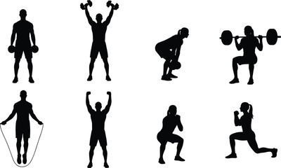 ilhouette fitness exercise poses with dumbbells, kettlebell, barbell, jump rope, squats, lunges, and strength training activities on white background vector illustration