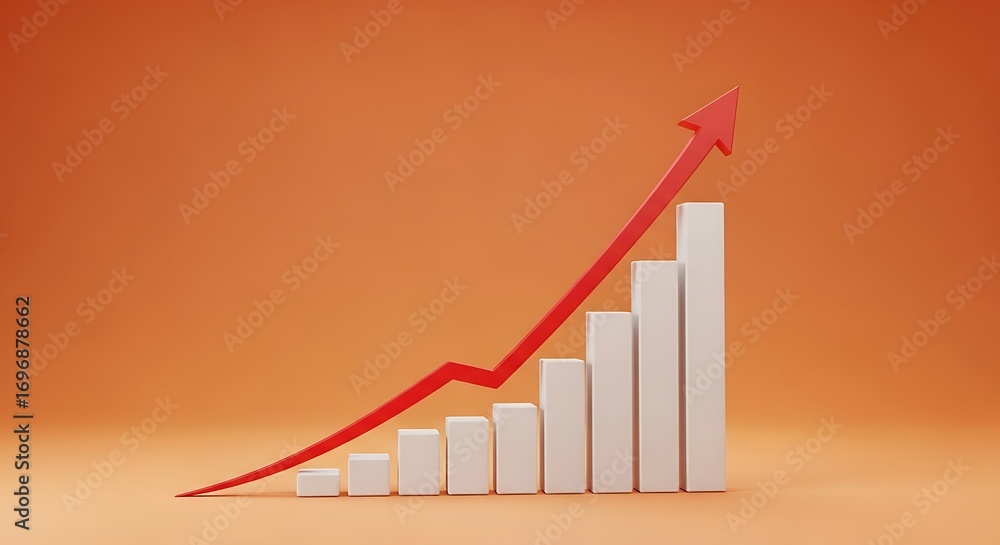 Poster a red arrow graph shows a steady increase on an orange background
